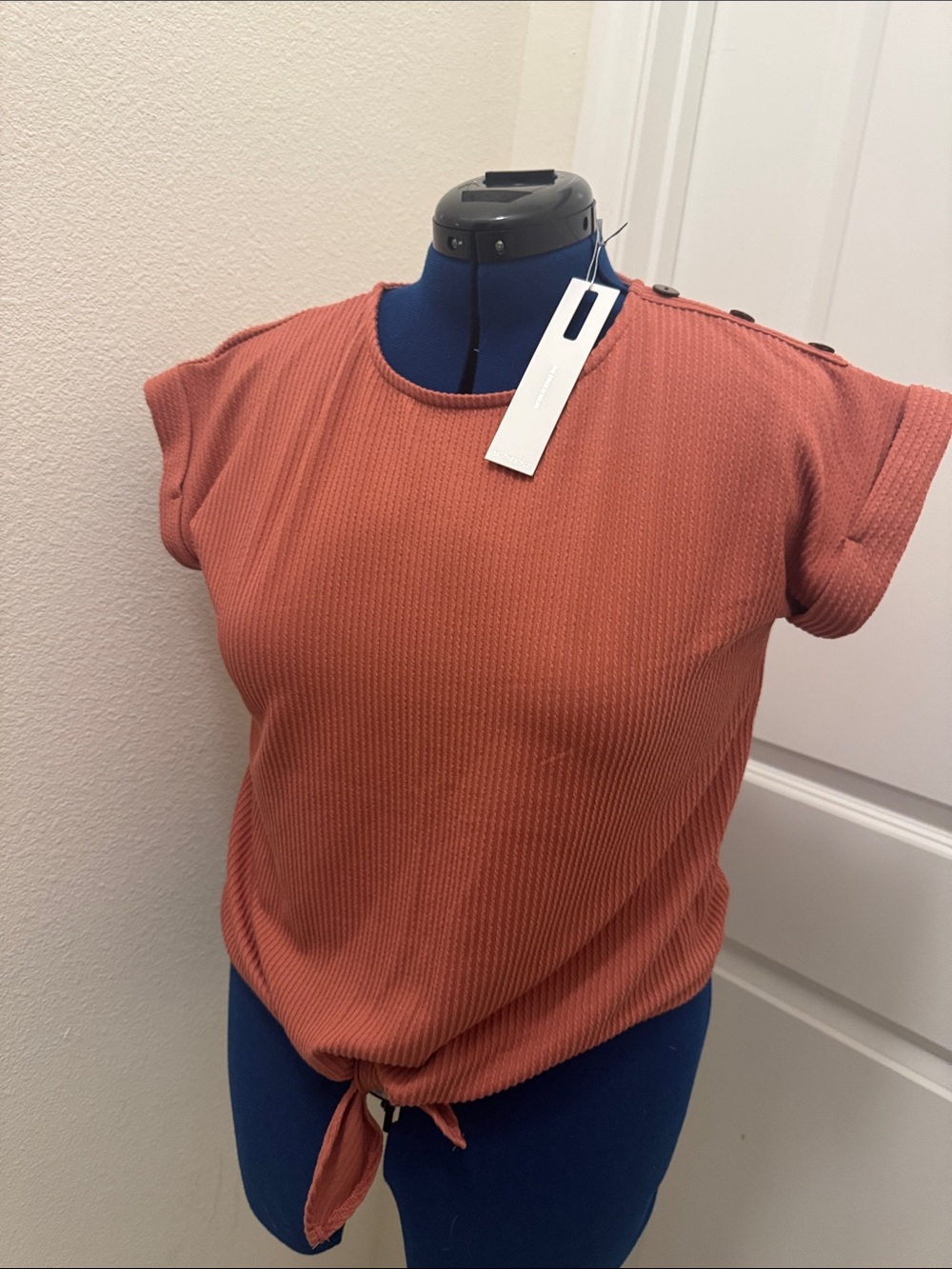 Set the Stage top short sleeves buttoned cuff  tie front terracotta rust medium